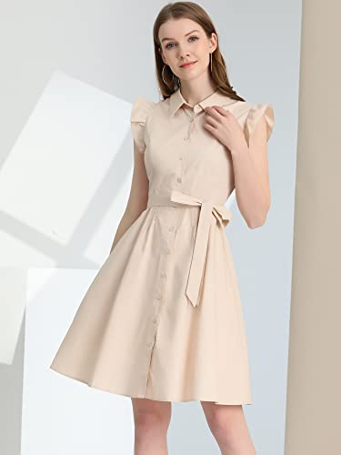 Image of Allegra K Women's Ruffled Sleeve Casual Office Dress Tie Waist Button Down Cotton Shirt Dresses