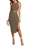 HUUSA Women's Sexy Summer Outfits Bodycon Ribbed Tank Top Midi Skirt 2 Piece Dress Crew Neck Sleeveless Midi Skirt Outfit Slit Party Form Dress Set Deep Khaki M