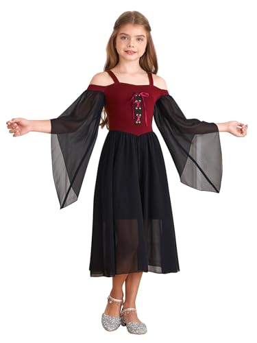 Sxiwei Kids Girls Medieval Renaissance Dress Butterfly Sleeve Lace Up Gothic Dress for Halloween Carnival Party