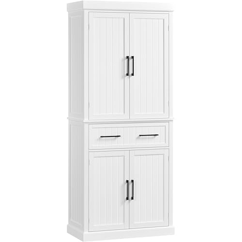 Yaheetech Credenza da Cucina Salvaspazio, Mobile Dispensa Alto Multiuso, Armadio da Soggiorno Bagno in Legno con 3 Ripiani Regolabili e 1 Cassetto 183.5x76.5x40.5 cm, Bianco
