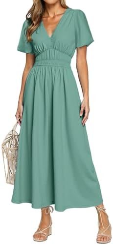 Simplee Women's Summer Flowy Midi Dress Casual V Neck Short Sleev...