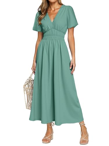 Image of Simplee Women's Summer Flowy Midi Dress Casual V Neck Short Sleeve Empire Waist Boho Beach Dress Wedding Guest Maxi Dress