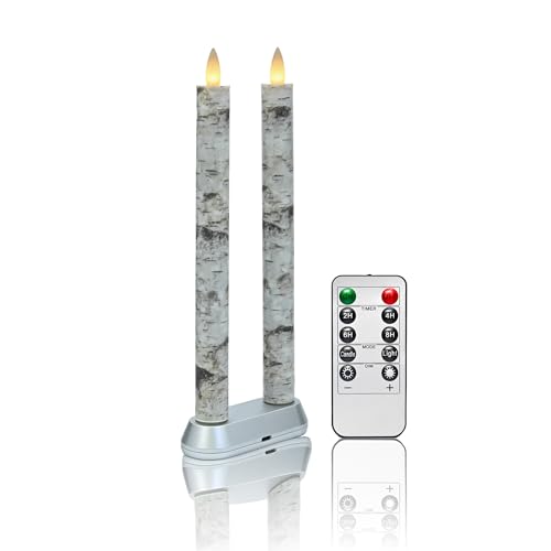 Image of Rechargeable Flameless Tealights Candle with Remote Timer, 3D Moving Flame Real Wax Candles (Includes Remote Control, Charging Base, and USB Cable) (Rech-2Taper-Birch bark, 9in)