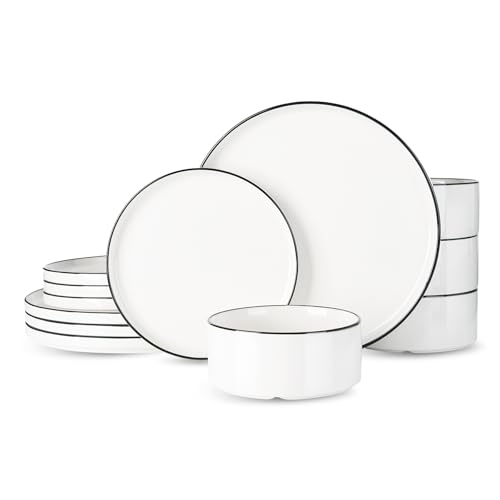 Richmount - Servicio de mesa 12 piezas de porcelana para 4 personas, Juego de platos con borde moderno elevado, Compatible con microondas y lavavajillas, Blanco con borde negro