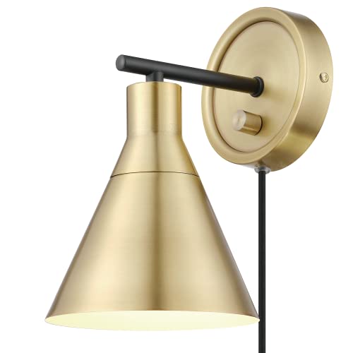 Image of GLOBE Electric 65544 1-Light Dimmable Plug-in or Hardwire Wall Sconce, Matte Brass, Matte Black Accent, Stepless Dimming Rotary Switch on Canopy, Black Fabric Cord, Wall Lamp Dimmable