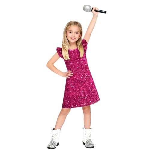 VBLEVIAR Girls Sequin Dress for Girl Sparkly Dress Up Prom Concert Party Outfit Birthday Dress with Glitter Microphone Prop Rosered