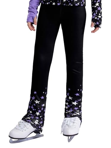 Kaerm Kids Girls Figure Skating Pants High Waist Gym Yoga Athletic Leggings Color Block Star Printed Tights