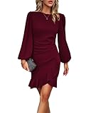 Arevill Damen Arbeit Business Kleid Langarm Rüschen Puffärmel Partykleider Bodycon Knielang Abendkleider Bleistiftkleid