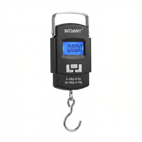 SODANY Báscula Digital de Equipaje 50kg/110lb, Pesa Maletas de Viaje Portátil con Gancho de Acero Inoxidable, Balanza Colgante de Alta Precisión 5g con Pantalla LCD y Función Tara (Negro)