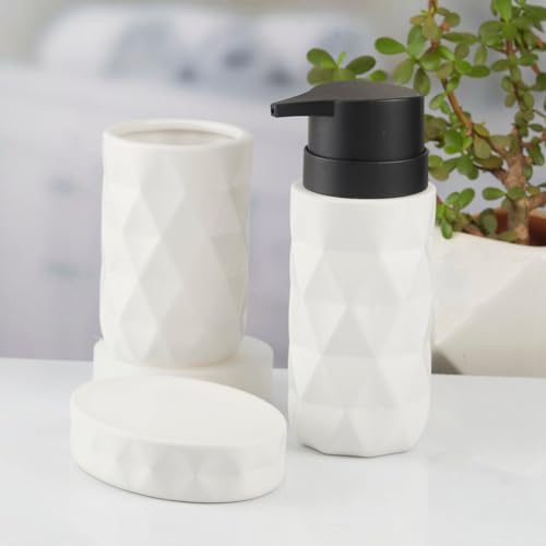Image of SaSaSa Ceramic Bathroom Set of 3 Modern Bath Accessories Kit with Soap Dispenser, Toothbrush Holder & Dish - Stylish & Elegant Bathroom Decor, White (10725)