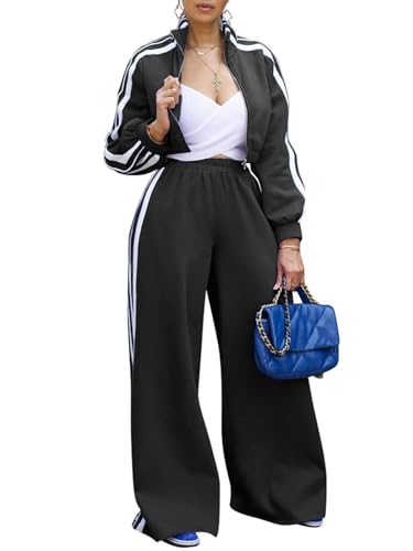 Akmipoem Two Piece Sets for Women Going Out Long Sleeve Zipper Cropped Jacket Casual Sweat Pant Outfit Black XL