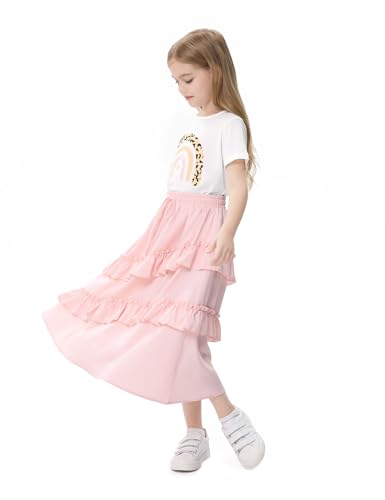 Image of Girls High Waisted Ruffle Maxi Skirt Soft Cotton Long Skirts with Elastic Waistband for Kid Girl 3-12 Years