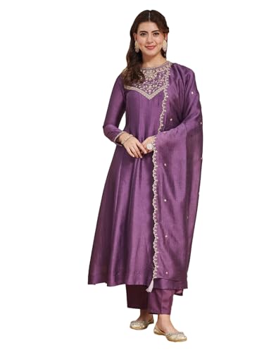 Image of MOKOSH Women's Embroidered Silk Anarkali Kurta Pant with Dupatta | Anarkali Kurta Set | Embroidered |Occasion & Festive Traditional | 3 Piece Outfit