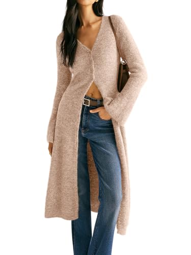 Image of Womens V-Neck Button Maxi Cardigan Bell Long Sleeve Open Front Split Breasted Sweater Dress