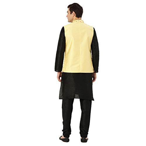 Image of SOJANYA (Since 1958 Men's Cotton Linen Maroon Kurta and White Pyjama with Mustard Cotton Nehru Jacket