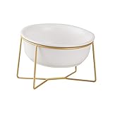 White Large Ceramic Tilted Elevated Cat Dog Bowl Raised Cat Food Water Bowl Dish Pet Comfort Feeding Bowls with Gold Iron Stand