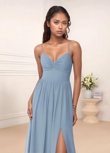 V Neck Chiffon Bridesmaid Dresses for Women with Slit Spaghetti Straps Tie Formal Wedding Prom Dress3