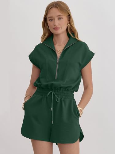 Image of Rompers for Women Summer Short Sleeve Half Zip Lapel Collar Jumpsuit Casual Drawstring One Piece Outfits with Pockets