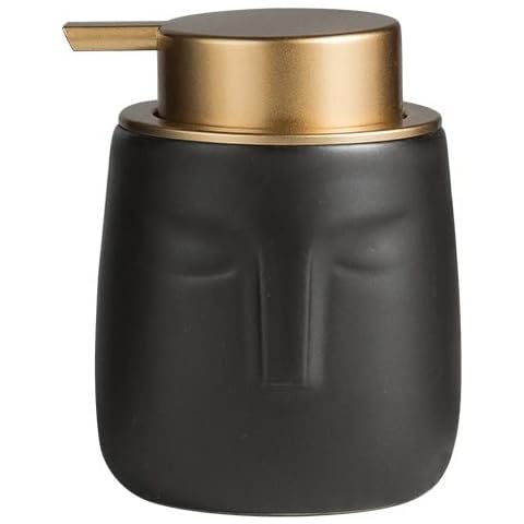 Unique Modern Soap Dispenser, Face-Shaped Ceramic Bottle with Rust Proof Gold Matte Pump, Decorative Lotion Dispenser for Bathroom or Kitchen (Black) Cover