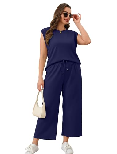 Image of SAMPEEL Two Piece Sets for Women Casual Travel Vacation Outfits Summer Wide Leg Crop Pants Lounge Sets