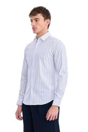 Image of SNITCH Men Semi-Formal Shirt | Modern Slim Fit Full Sleeve Point Collar Vertical Stripe Pattern | Cotton Blend Stretch Fabric for Office & Business Casual Wear