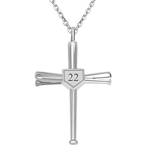 Kumshunie Baseball Bats Cross Necklace with Number Stainless Steel Charm Sports Pendant Gift for Men 22