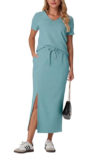 Image of GRECERELLE Women Summer Casual 2 Piece Sets V-Neck Wrinkle-Free Top & Elastic Waist Midi Side Slit Skirt with Pockets