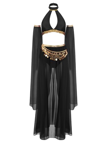 TSSOE Damen Bauchtanz Outfit Hollow Out Neckholder Crop Top Chiffon Rock und abnehmbare Ärmel Bauchtänzerin Tanz Kostüm Schwarz M