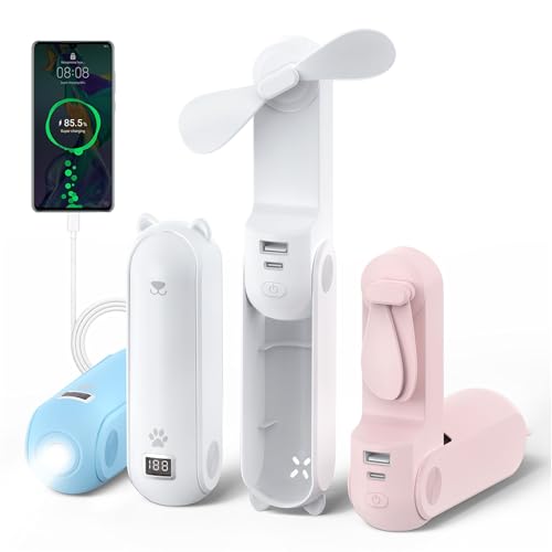 3-in-1 Handheld Fan with LED Display, Power Bank & Flashlight – USB Rechargeable, Foldable, Whisper Quiet – Portable Cooling for Travel, Concerts, & More