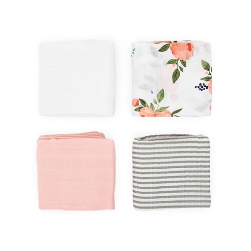 Little Unicorn Cotton Muslin Squares 4 Pack | Nursing, Burping, Feeding, Wiping, Spills | Super Soft and Lightweight Blanket for Baby Boys and Girls | 27.5” x 27.5” (Watercolor Roses Set)