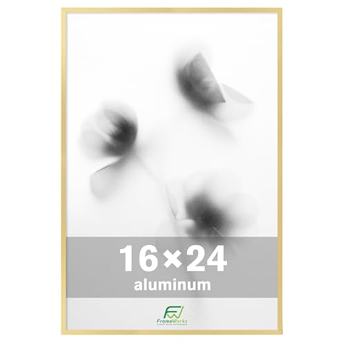 Image of FrameWorks 16x24 Brushed Aluminum Poster Frames – Modern Brushed Metal Design w/Shatterproof Plexiglass, Perfect for Posters, Artwork, Paintings, Wall Displays – Home or Office Decor, Gold - 1 Pack