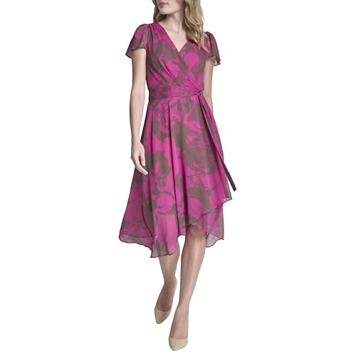 Image of DKNY Women's Flutter Sleeve Surplice Tie Fit & Flare Midi Dress