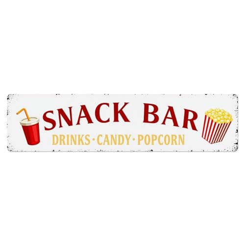 Cartel de metal vintage con texto en inglés 'Snack Bar Drinks Candy Popcorn Popcorn' para bar, hogar, cueva de hombre, cocina, lavandería, decoración de pared, regalo, 10,2 x 40,6 cm