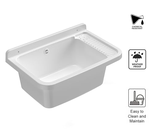 Adventa: Waschbecken aus Polypropylen-Harz, Wandbefestigung, mit Siphon und Ablaufgarnitur, beständig gegen Säuren der üblichen Verwendung, Waschküche, Garage, Außenbereich, 57 x 36,5 x 16 cm, weiß