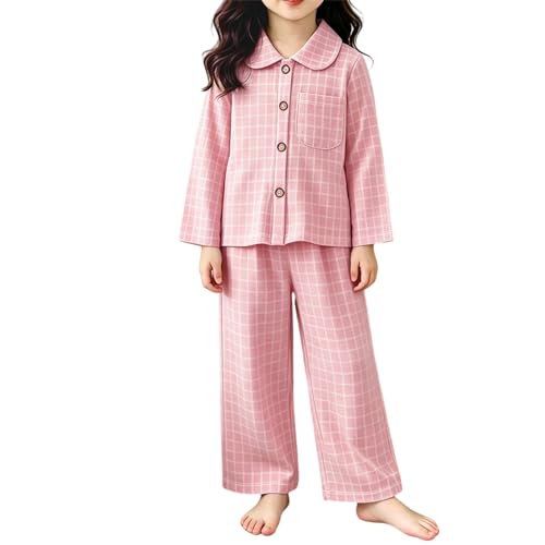 Conjunto de 2 piezas a cuadros para niñas, manga larga, cuello, botones, bolsillo, escuela y uso diario casual, suave y ligero para uso cómodo durante todo el día, rosa, 9-10 años