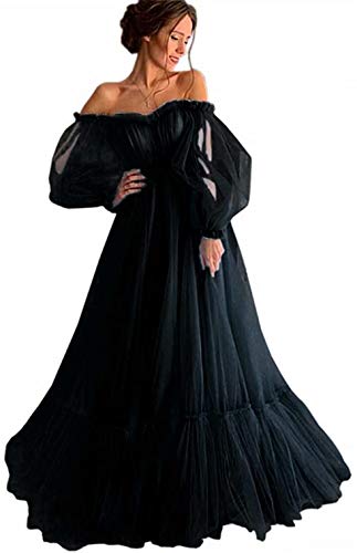 Vintage Off Shoulder Long Puffy Sleeves Ruffle Tulle Princess Prom Quinceanera Dresses for Womenen