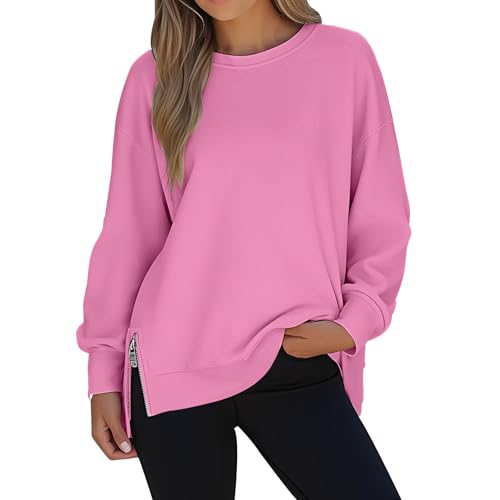 bawilom Oversized Sweatshirt for Women Crewneck Fashion Long Sleeve Loose Side Slit Lightweight Sweater Fall Pullover Tops Pink