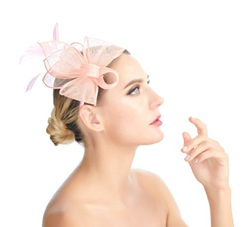 Feather Fascinator Cocktail Hat Linen Net Mesh Bow Formal Headband In Pink #TOP2