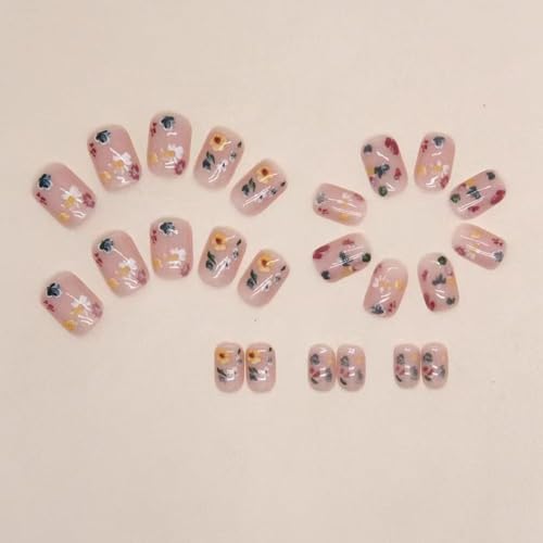 Image of Flower Press on Nails Short Square Fake Nails Nude False Nails with Small Floral Designs Glossy Glue on Nails Acrylic Full Cover Stick on Nails Artificial Spring Nails for Women Manicure 24pcs