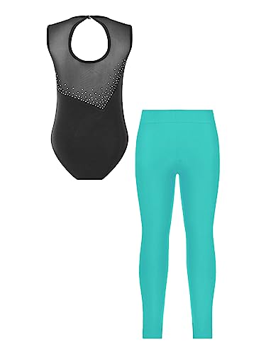 Kids Girls Sleeveless Color Patchwork Dance Outfits Gymnastic Tracksuit Mesh Splice Tank Leotard with Yoga Leggings2