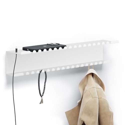 byde Rummel - Mensola da parete 44 x 9 x 9 cm, con 32 ganci e porta cavo di ricarica, organizer per chiavi, lettere e piccoli oggetti, ripiano in lamiera di acciaio verniciato a polvere, colore bianco