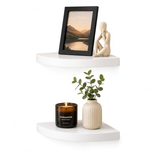 AHDECOR Wood Corner Shelves White, Durable Floating Corner Shelf for Organizing and Displaying Décor in Any Room, Set of 2