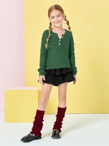 Image of rrhss Girls Waffle Knit Sweaters Trendy Henley Button V Neck Long Sleeve Pullover Jumper Tops