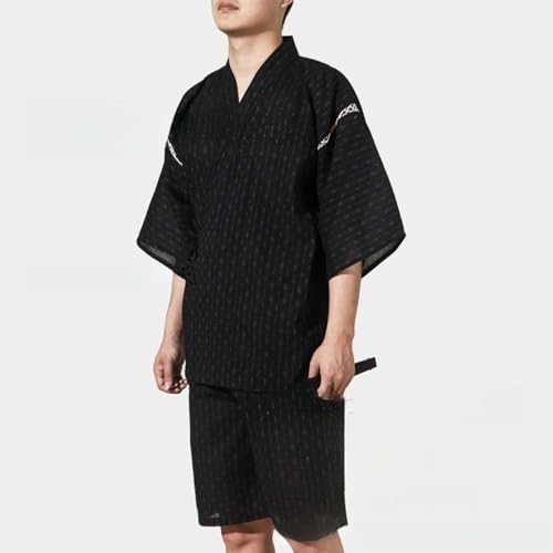 ZEALMAX Men's Japanese Style Kimono Pajamas Top and Shorts Suit, Cotton Linen Loungewear Beach Wear Spa Bathrobe for Home and Vacation Multicolor2