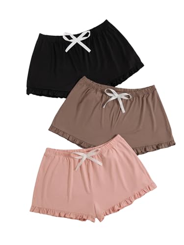 Image of Milumia Women's Plus Size Pajama Shorts Ruffle Hem Sleep Lounge Pj Shorts | 3 Pack,Elastic Waist ,Stretchy,Comfortable,Home Living,Sleepwear