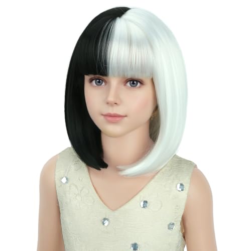 Image of PATTNIUM Black and White Bob Wig for Kids Girls Short Straight Wig with Bangs Cosplay Party Synthetic Rose Net Daily Wear Wig