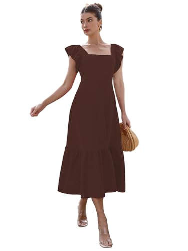 Image of Sugathari Girl's & Women's Solid Color Square Neck, Ruffle-Trimmed Hem Sleeveless, Ruffle Armhole and Casual Dress with Cinched Waist Vacation Outfits Woman (Dress 176)