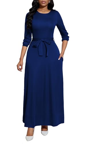 Image of BubFee Long Dress for Women Casual Long Sleeve Dresses Maxi Dress Empire Waist Loose with Belt