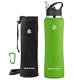 Swig Savvy Stainless Steel Insulated Leak Proof Flip Top Straw Cap Water Bottles with Pouch & Clip, Green, 32oz