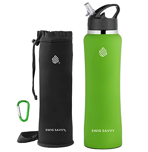 Swig Savvy Sports Water Bottle, Vacuum Insulated Stainless Steel, Straw Leakproof Lid, Storage Sleeve - 32oz (Light Green)